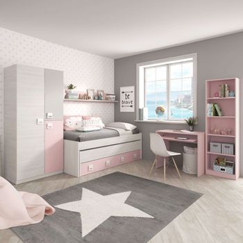 Pack Muebles Habitación Infantil Completa Dormitorio Juvenil Color Rosa Con Somieres Incluidos (cama + Estante + Armario + Mesa + Estantería)