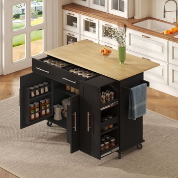 Isla De Cocina Con Ala Abatible, 120 Cm, Ruedas Y Organizador Extraíble