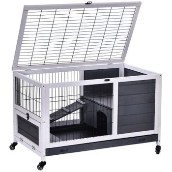 Conejera de Madera Mascotas Jaula para Conejos Color Gris y Blanco 90x53x59 cm Hecha de Madera de Abeto PawHut   Aosom España