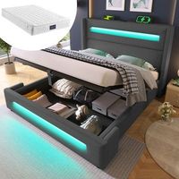 cama doble tapizada 140x200 cm para adolescente con led espacio de almacenamiento hidraulico y carga usb type-c estructura de cama metalica con listones de madera color lino gris con colchon