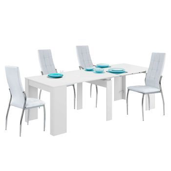Conjunto De Mesa Extensible Multiposición + 4 Sillas En Color Blanco Mate Y Plata