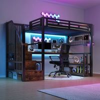 cama alta 90 x 200 cm marco de hierro con estante rejilla colgante tira led escritorio 2 usb  1 tipo-c sin colchon negro