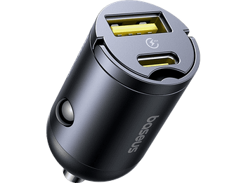 Cargador coche - Baseus Tiny Star Mini, Universal, Tipo-C y USB, 30W, Con cable, Negro Cosmic