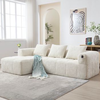 Sofá Seccional Moderno En Forma De L Con Chaise Longue Y Bolsillo Lateral En Chenilla Beige.