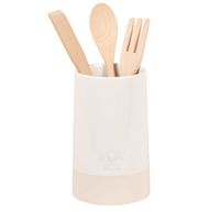 tarro de ceramica blanca y beige con utensilios de madera de haya