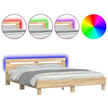 Cama Matrimonial | Cama Para Adultos | Estructura De Cama Cabecero Y Luces Led Roble Sonoma 200x200 Cm