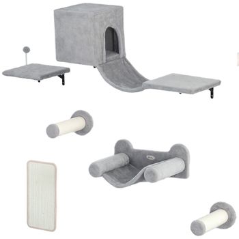 PawHut Juego de Escalada para Gatos de Pared de 6 Piezas con Condominio Plataforma Hamaca Escaleras y Tabla de Rascar Gris