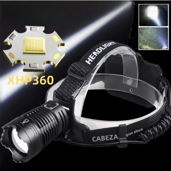 Linterna frontal LED XHP360 de alta potencia, linterna de cabeza de luz fuerte de 36 núcleos, lámpara de pesca para acampar con Zoom telescópico
