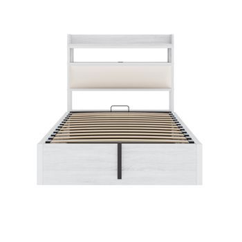 Estructura De Cama 90x200 - Mecanismo Hidráulico, Puerto Usb, Cabecero Acolchado, Diseño Retro De Madera Y Metal, Almacenamiento Oculto - Blanco