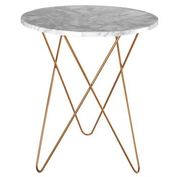 Mesa auxiliar de mármol claro y metal dorado