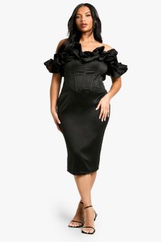 Vestido Plus Midi Con Escote Barco Y Mangas Bombachas, Negro
