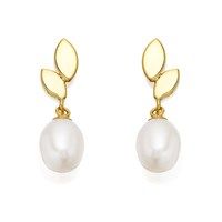 9ct gold freshwater pearl leaf drop earrings - 20mm drop - g1420