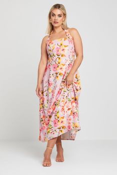 Limited Collection Vestido Midaxi Rosa Floral Cuello Halter, Mujer Curvy Y Tallas Grandes, Limited Collection