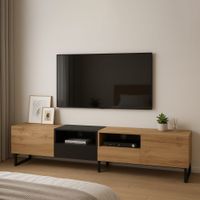 mueble tv negro y madera con espacio de almacenamiento