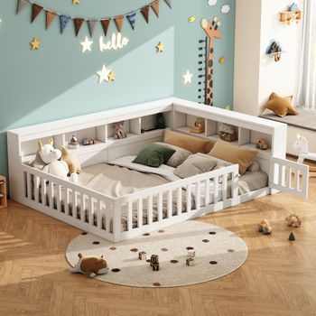 Cama Doble 140 X 200 Cm Con Cabecero Y Barandillas - Tomas Usb - Tablero De Partículas - Blanco (sin Colchón)