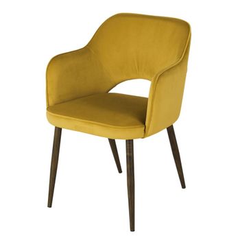 Silla de terciopelo de algodón mostaza con patas efecto nogal