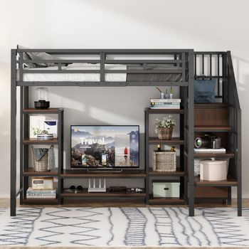 Cama Loft Infantil 90x200 Negra, Soporte Tv, Toma Corriente, Escalera Seguridad, Metal-madera, Almacenamiento, Moderna
