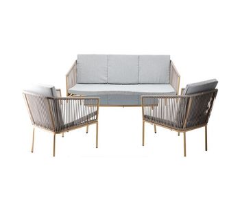 Juego de muebles de jardín - 1 mesa de centro, 1 sofá, 2 sillas - cojines color gris