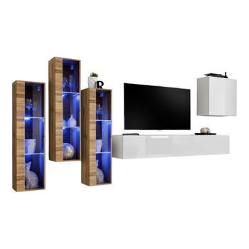 Conjunto De Muebles Para Salón Mural Switch Xiii Diseño, Color Blanco Brillante Y Roble Wotan.