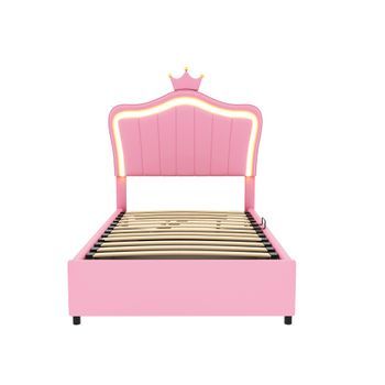 Cama Con Canapé De Piel Sintética 90x200cm Con Led Y Somier Rosa
