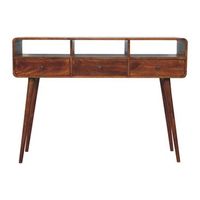 mesa consola de madera maciza estilo artesanal con triple curvatura color castano