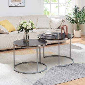 Set De 2 Mesas De Centro Nido Skagen 50xø70 Cm - Mármol Negro Y Plateado [en.casa]