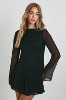 chiffon slash neck long sleeve godet mini dress negro