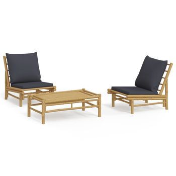 Conjunto De Muebles De Jardín 3 Uds | Mesa Y Sillas Bambú Con Cojines Gris Oscuro