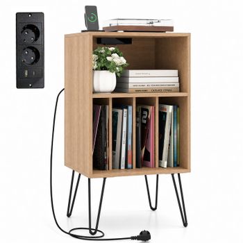 Costway Soporte para Tocadiscos Soporte para Giradiscos con Estación de Carga Soporte para Vinilos con Compartimentos Mesa Almacenamiento Natural