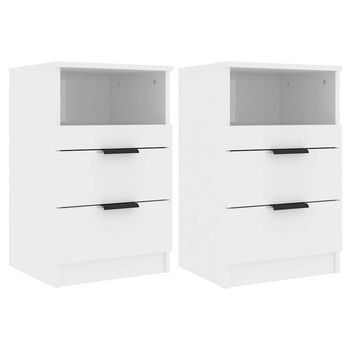 Pack 2 Uds Mesita De Noche | Mesa Auxiliar | Mesilla Madera Contrachapada Blanco Brillante