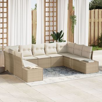 Juego De Sofá De Jardín De 9 Piezas Con Cojines Beige De Poliratán V8074 Unico / Beige