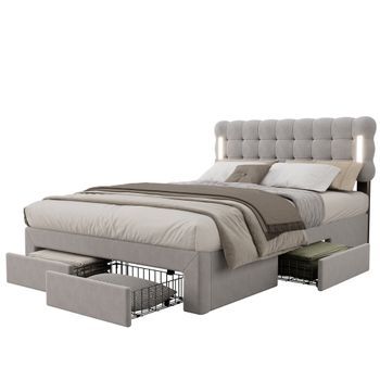 Cama Tapizada 140 X 200 Cm Con 4 Cajones E Iluminación - Terciopelo - Somier De Láminas - Color Gris