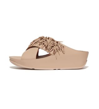 Fitflop para mujer. HQ5-A94 Sandalias de piel Rumba Beaded Cross slides beige (37), Ecopiel, 3 a 5cm, Ninguno, Casual