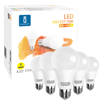 Aigostar - 15W Bombilla LED A60, casquillo gordo E27, luz cálida 3000K, 1200 lúmenes, ángulo de apertura 280º, CRI> 80. No regulable. Caja de 5 unidades