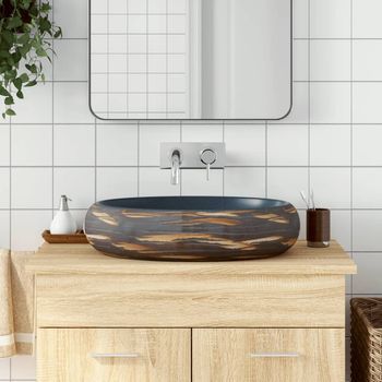 Lavabo Sobre Encimera | Lavabo De Baño Moderno Ovalado Cerámica Marrón Y Azul 59x40x15cm Cfw85432
