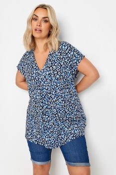 Yours Top Azul Leopardo Manga Sisa, Mujer Curvy Y Tallas Grandes, Yours