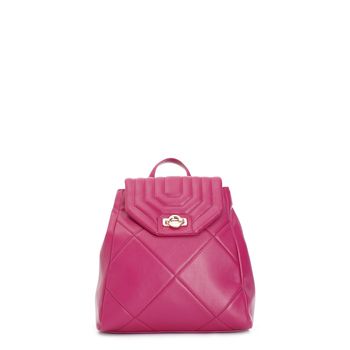 mochila acolchada con estampado de rombos y solapa acolchada hot pink