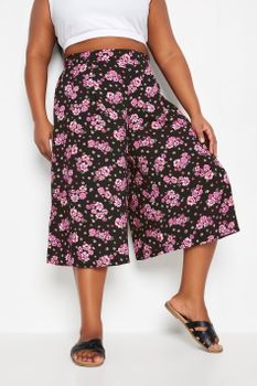 Yours Culottes Negros Y Rosas Florales, Mujer Curvy Y Tallas Grandes, Yours