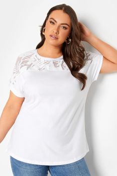 Yours Camiseta Blanca Algodón Con Panel Malla Floral, Mujer Curvy Y Tallas Grandes, Yours