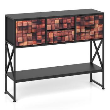 Costway Mesa Consola para Sofá con 4 Cajones Tela Estante Estructura Metal Patrón Mosaico Madera para Pasillo Espacios Pequeños Marrón