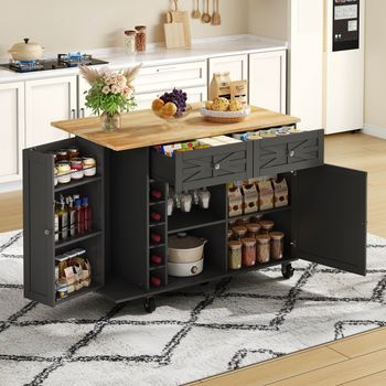 Isla De Cocina De 120x45(70)x89cm, Tablero Plegable, 5 Ruedas Con Freno, Estante, Botellero, Color Negro.