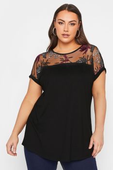 Yours Top Negro Con Canesú De Malla Con Bordados, Mujer Curvy Y Tallas Grandes, Yours