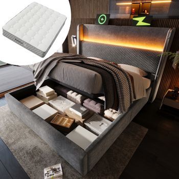 Cama Hidráulica 180 X 200 Cm, Cabecero Alto, Led, Almacenamiento Usb/tipo C, Aspecto Lino Gris (con Colchón)
