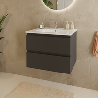 mueble de bano suspendido 60 cm negro mate - lavabo blanco - con 2 cajones - lomazoo marenza