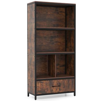 Costway Librería de 4 Niveles con 4 Cubos Abiertos y Cajón de Tela Plegable Estructura Metálica para Dormitorio Oficina Marrón Rústico
