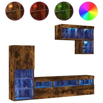 Muebles Tv | Mueble De Salón | Gabinete De Tv Pared Con Led 6 Pzas Madera Ingeniería Roble Ahumado