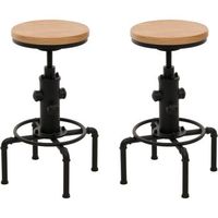 conjunto de 2 taburetes de bar silla alta diseno industrial regulable en altura con reposapies giratorio en acero y madera maciza natural tdb04086