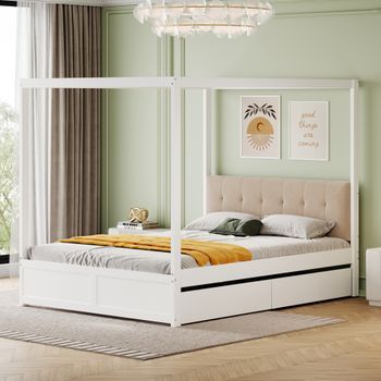 Cama Con Dosel 140 X 200 Cm Con 2 Cajones Grandes Y Respaldo Mullido, Madera Mdf, Blanco