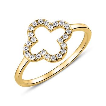 Anillo trébol de circonita cúbica de plata 925 bañada en oro