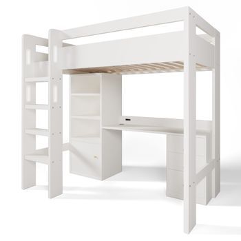 Cama Elevada Juvenil 90x200 Sin Colchón Con Escritorio Usb-c, Armario Y Archivo, Cama Individual Con Escalera Y Somier, Espacio De Almacenamiento, Diseño Multifuncional, Estructura Estable, En747-1/-2:2024